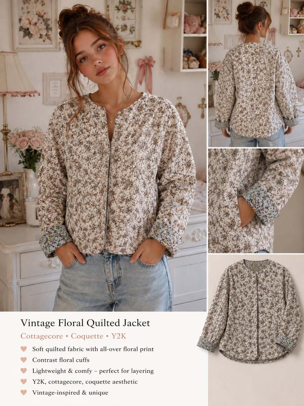 English Factory Floral Quilted Jacket Cottagecore Coquette Lightweight Cotton S